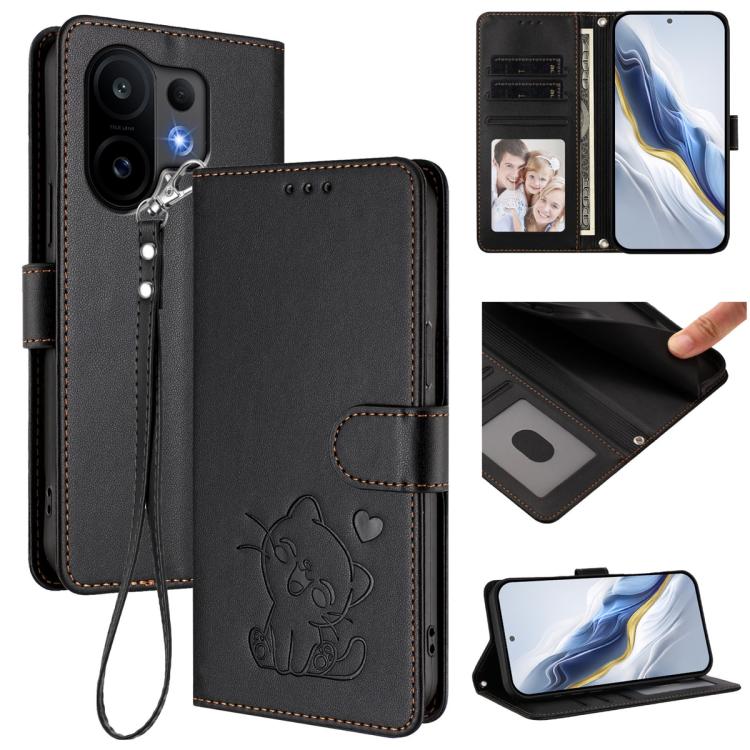 Embossed Heart Cat Leather Phone Case with Hand Strap, For vivo V60 5G Global, For vivo Y400 Pro 5G, For vivo X200 FE / vivo S30 Pro mini, For vivo S30