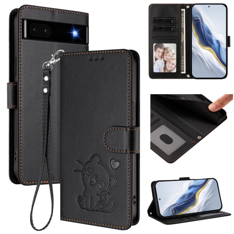 Embossed Heart Cat Leather Phone Case with Hand Strap, For Google Pixel 7a, For Google Pixel 7 Pro, For Google Pixel 7, For Google Pixel 6a