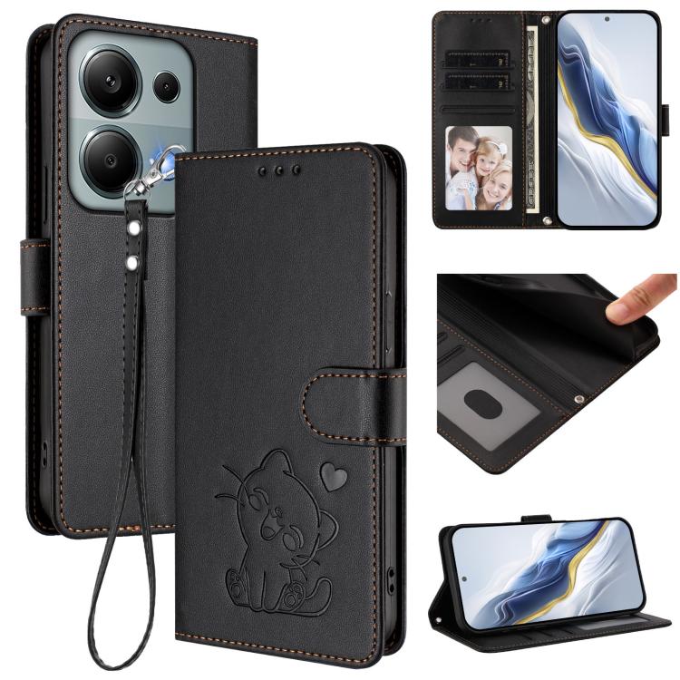 Embossed Heart Cat Leather Phone Case with Hand Strap, For Redmi 15C 5G / 4G Global 171mm / Poco C85 4G, For Redmi 13 4G / 5G / 13x / Xiaomi Poco M6 4G, For Redmi A5 4G 173.3mm, For Redmi Note 14S 4G / 13 Pro 4G Global