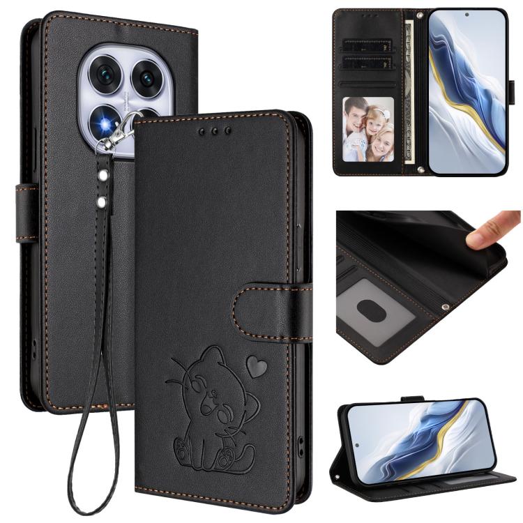Embossed Heart Cat Leather Phone Case with Hand Strap, For Redmi Note 14 4G 164.84mm, For Redmi Note 14 Pro 5G India / Note 14 Pro+, For Redmi Note 14 5G India / Xiaomi M7 Pro 5G, For Redmi Note 14 Pro 4G Global