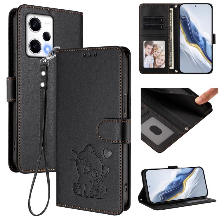 Embossed Heart Cat Leather Phone Case with Hand Strap, For Redmi Note 12 4G Global, For Redmi A1 4G / A2 4G, For Redmi 11A / Xiaomi Poco C55, For Redmi Note 12 Pro+ 5G India