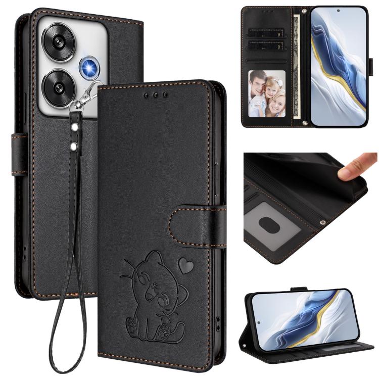 Embossed Heart Cat Leather Phone Case with Hand Strap, For Xiaomi 15, For Xiaomi 14T Pro 5G, For Xiaomi 14T 5G, For Xiaomi Poco F6 5G