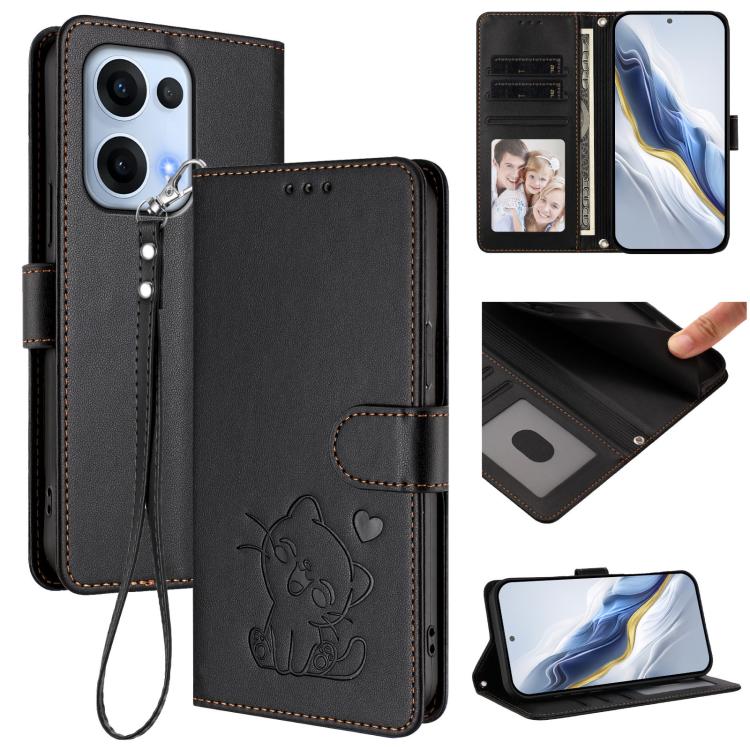 Embossed Heart Cat Leather Phone Case with Hand Strap, For OPPO F29 Pro 5G Global, For OPPO F29 5G Global, For OPPO Reno13 Pro 5G Global, For OPPO Reno13 5G Global