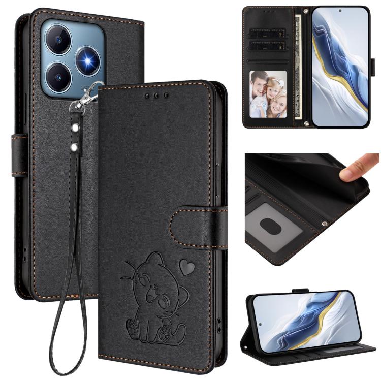 Embossed Heart Cat Leather Phone Case with Hand Strap, For Realme GT 7 Pro 5G / GT7 Pro Racing, For Realme C63 5G Global, For Realme 13 / 12 / 12x / C65 5G Global, For Realme C63 / C61 / Note 60 4G Global