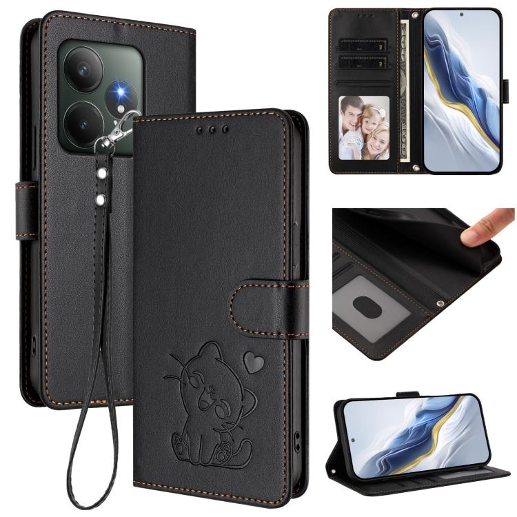 Embossed Heart Cat Leather Phone Case with Hand Strap, For Realme 13+ 5G Global, For Realme 13 / 12 4G / P1 5G Global, For Realme 13 Pro / 13 Pro+ 5G Global, For Realme GT 6 5G / GT 6T 5G Global