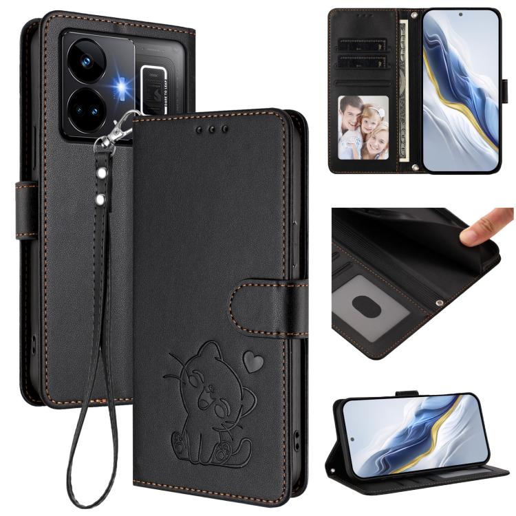 Embossed Heart Cat Leather Phone Case with Hand Strap, For Realme C55 4G Global / Narzo N55, For Realme C33 2023 / 2022, For Realme 10T 5G / 10S 5G, For Realme GT3 5G / GT Neo 5 240W