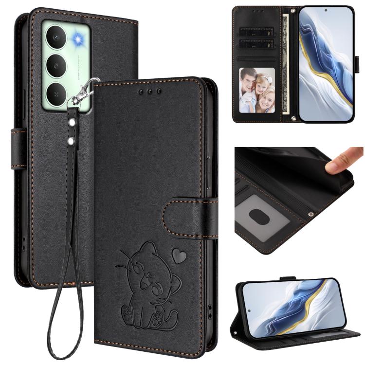 Embossed Heart Cat Leather Phone Case with Hand Strap, For Realme 15 / 15 Pro 5G Global, For Realme C71 4G Global, For Realme GT 7 5G India, For Realme V70 5G / 14x Global / C75 5G