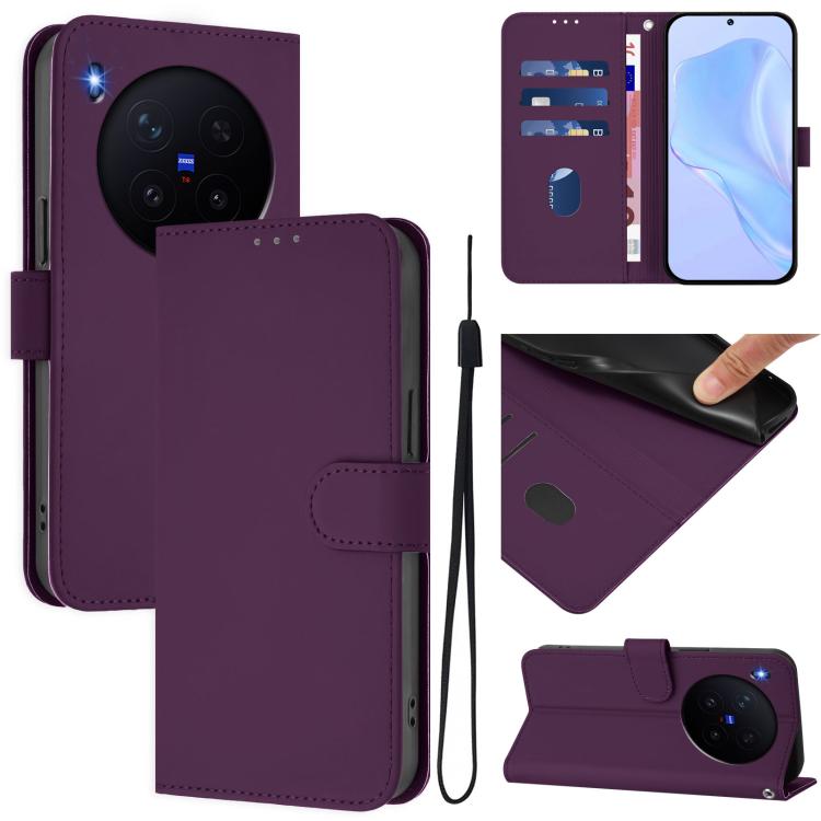 Skin Feel Solid Color Leather Phone Case with Lanyard, For vivo X300