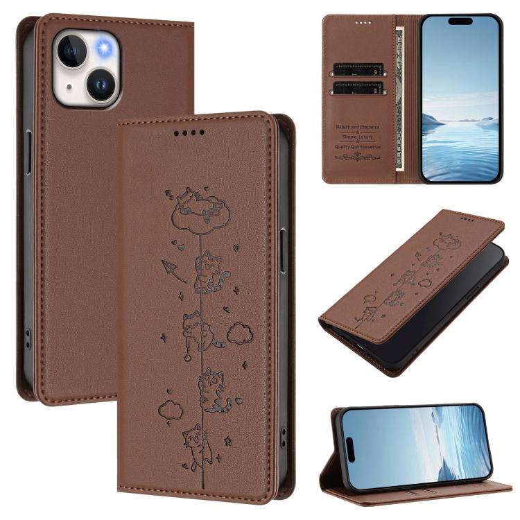 Cute Cats Embossed Magnetic RFID Vegan Leather Phone Case, For iPhone 16, For iPhone 15 Pro Max, For iPhone 15 Pro, For iPhone 15 Plus