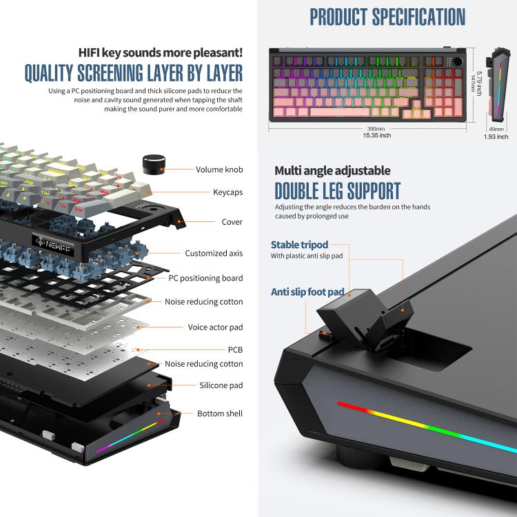 SHIPADOO JK980 Blue Switch RGB 98 Keys Three Modes Mechanical Keyboard