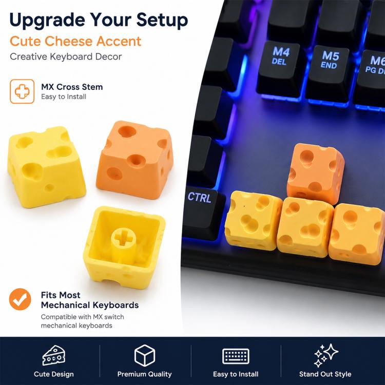 4-key Creative 3D Cheese Themed Cross-Stem Keycap