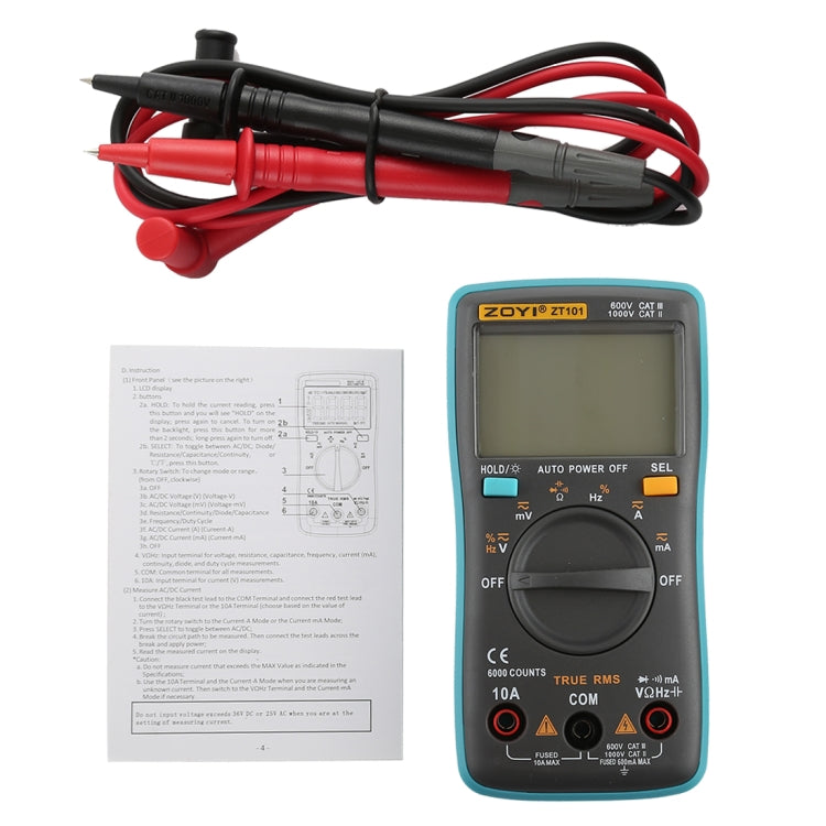 ZOYI ZT101 600V CAT III / 1000V CAT II 6000 Counts Portable Digital Multimeter AC / DC Current Voltage Tester Meter with Back-light LCD Screen & Holder, ZT101