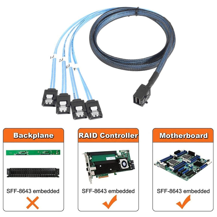 Mini SAS SFF-8643 Host to 7-Pin 4 SATA Target Hard Disk 6Gbps Data Server Raid Cable, Length: 1m, SFF-8643 (Length: 1m)