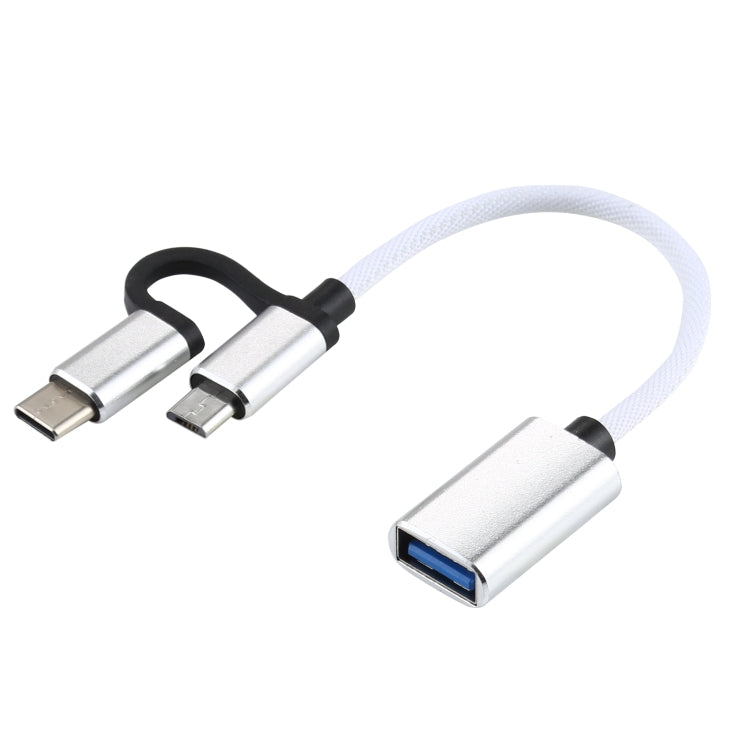 USB 3.0 Female to Micro USB + USB-C / Type-C Male Charging + Transmission OTG Nylon Braided Adapter Cable, Cable Length: 11cm, Micro USB Black, Micro USB Grey, Micro USB Blue, Micro USB Red, Micro USB Silver, Micro USB White