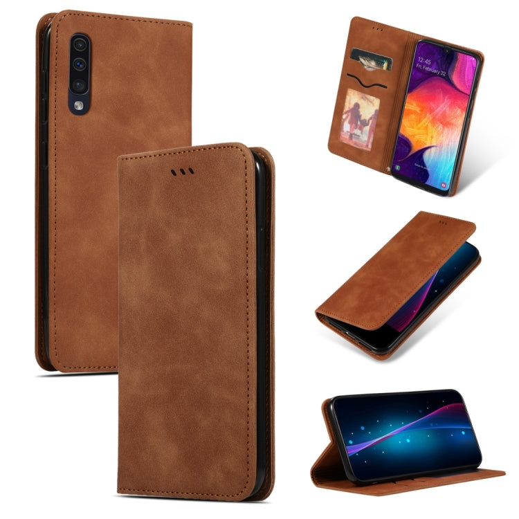 Retro Skin Feel Business Magnetic Horizontal Flip Leather Case for Samsung Galaxy A50三星, Red, Dark Gray, Navy Blue, Army Green, Brown