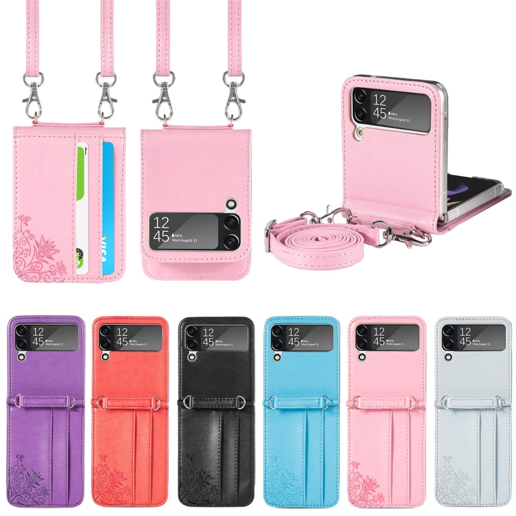 Diagonal Lanyard Embossed Card Phone Case, For Samsung Galaxy Z Flip 3 5G, For Samsung Galaxy Z Flip 5G