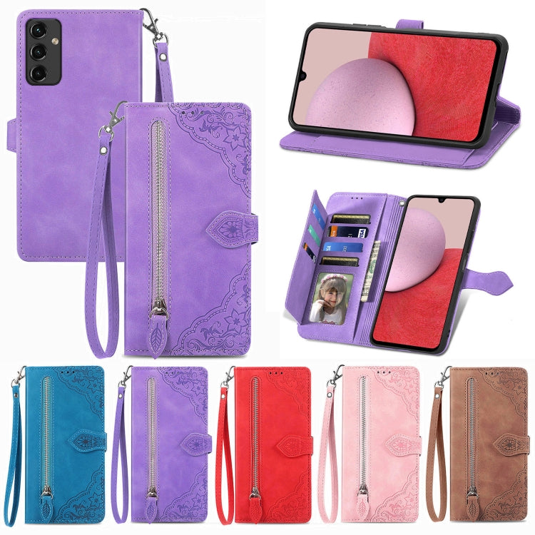 For Samsung Galaxy A14 5G Embossed Flower Zipper Leather Phone Case, For Samsung Galaxy A14 5G