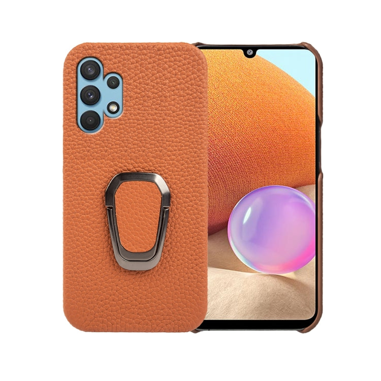 For Samsung Galaxy A32 4G Ring Holder Litchi Texture Genuine Leather Phone Case, For Samsung Galaxy A32 4G