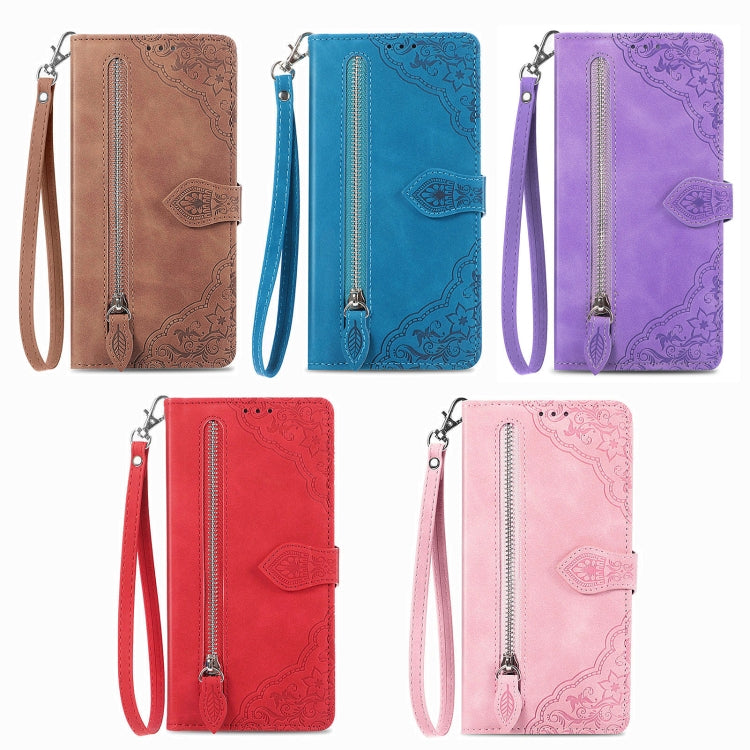 Embossed Flower Zipper Leather Phone Case, For Infinix Note 12 G96, For OnePlus Ace 2, For Tecno Pova Neo 5G, For vivo S15e, For ZTE Blade A52, For Samsung Galaxy A14 4G, For Samsung Galaxy A34 5G