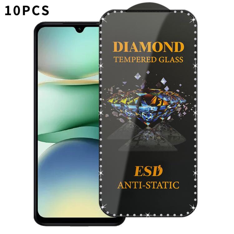 10pcs Full-Screen Diamond-Studded Silkscreen High-Definition Anti-Static Tempered Glass Film, For Redmi A5 4G 171.7mm, For Redmi Note 14S 4G, For Redmi 14C 5G, For Redmi Note 14 5G, For Redmi 14R, For Redmi 13R, For Redmi 13C 5G, For Redmi Note 13