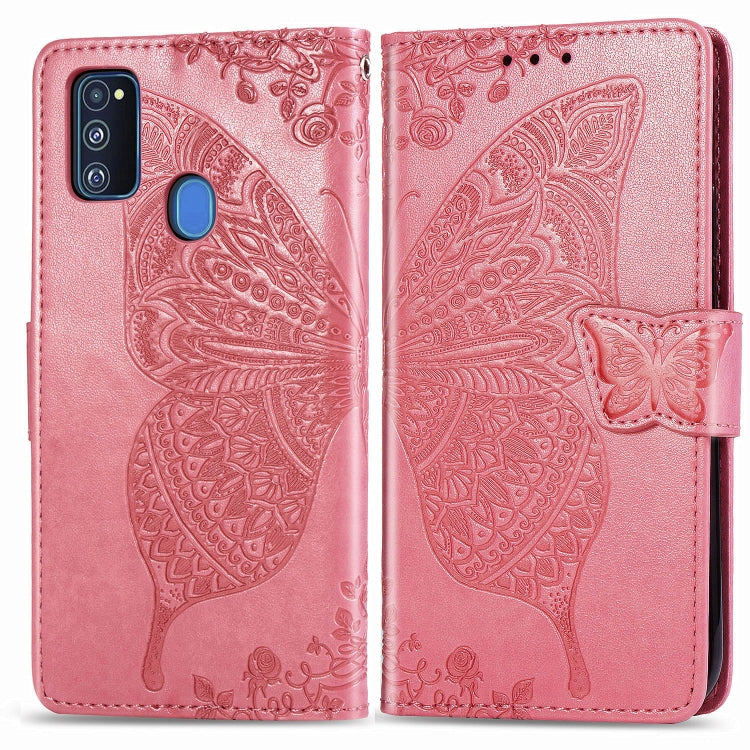 For Galaxy M30s Butterfly Love Flower Embossed Horizontal Flip Leather Case with Bracket Lanyard Card Slot Wallet, Black, Blue, Gray, Light Purple, Rose Gold, Dark Purple, Pink