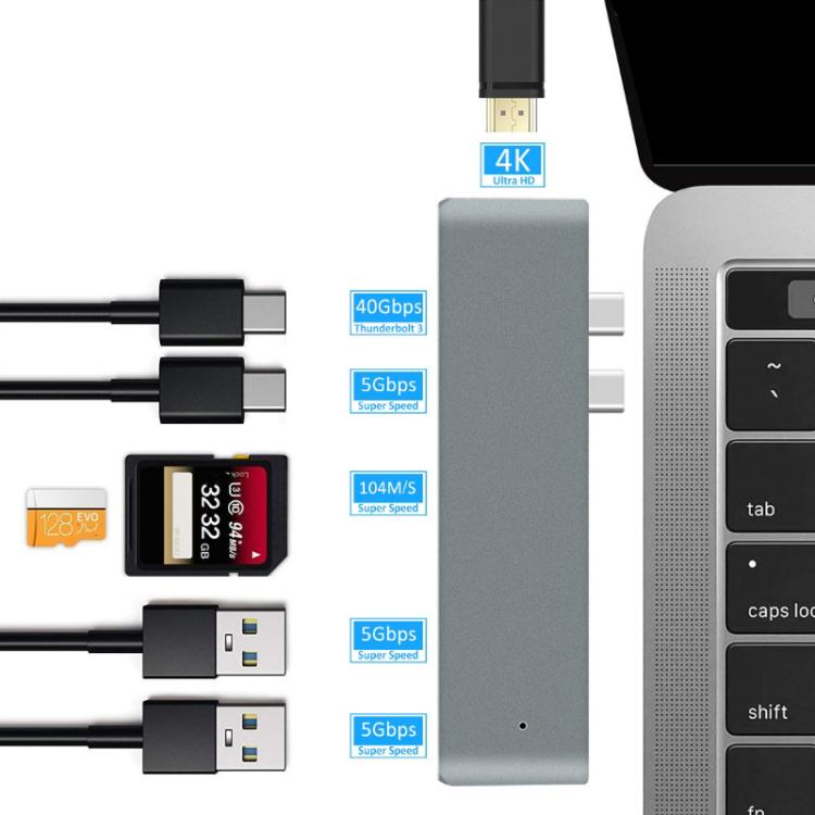 7 In 1 100W USB 3.1 To 20VPD+Card Reader Data+HUB+HDMI 4K Converter, Gray, Silver