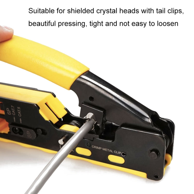 6P8P Seven-type Through-hole Crystal Head Wire Stripping Tool Network Cable Pliers, Yellow, Black