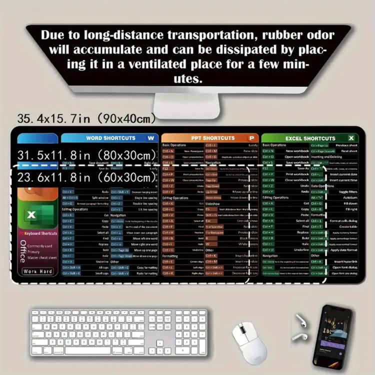 Large Shortcut Keys Mouse Pad Multi-Language Options Available Fray-Free Stitched Edges Keyboard Pad, 400x800x2mm, 400x800x3mm, 400x900x2mm, 400x900x3mm