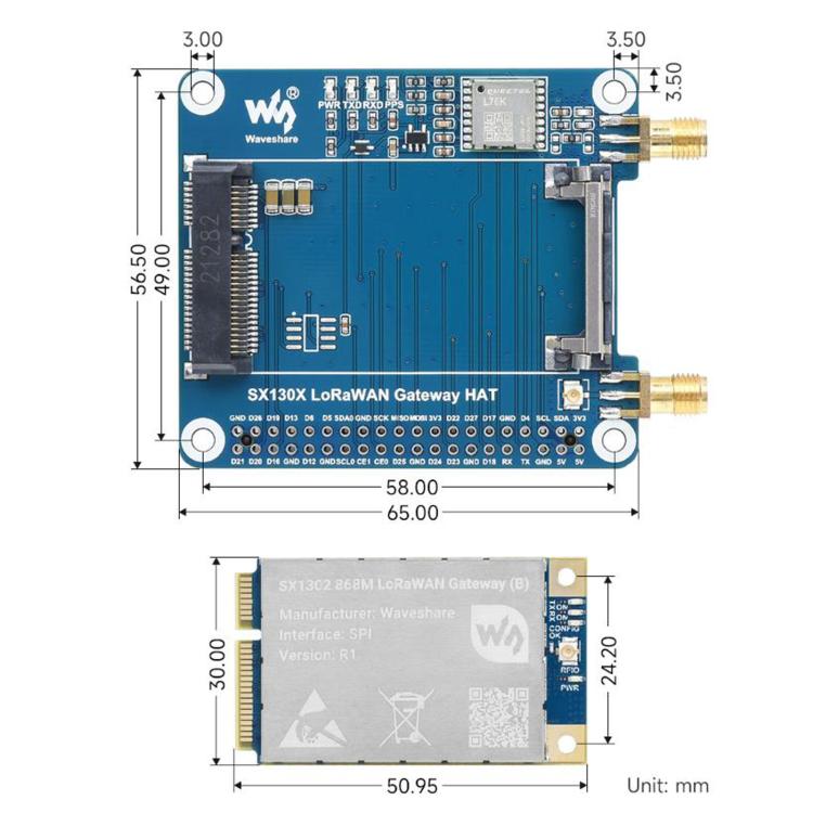 Waveshare LoRaWAN Gateway Module Standard Mini-PCIe Socket, For Raspberry Pi