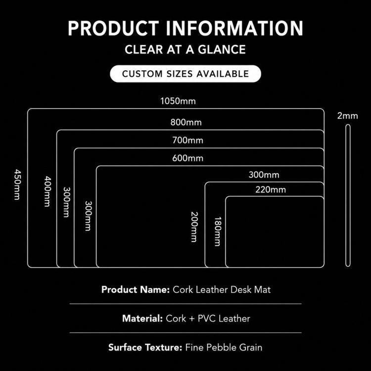 Dual-Sided Cork And Leather Desk Pad Reversible Large Desk Mat For Office And Home, 400 x 800mm, 300 x 600mm, 200 x 300mm, 180 x 220mm
