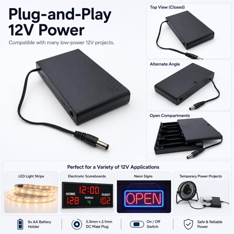 8 AA Battery Holder with Cover and ON/OFF Switch Flat 12V Battery Case with 5.5mm x 2.1mm DC Male Plug, 8 AA 12V Flat