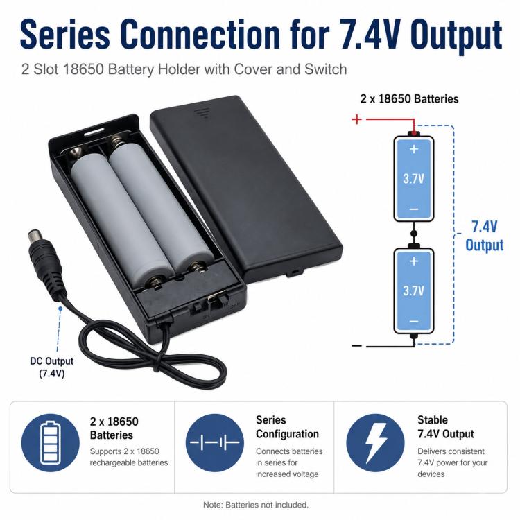 2 Slot 18650 Battery Holder with Cover and Switch 7.4V Battery Case with 5.5mm x 2.1mm DC Male Plug, 2 Slot 18650
