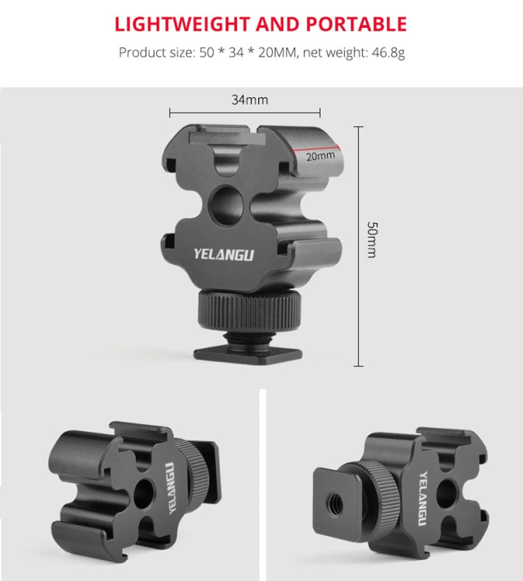 YELANGU YLG0601A A68 3-Head Cold Shoe Mount Adapter Microphone Flash Light Metal Holder Bracket, YELANGU A68 3-Head Cold Shoe
