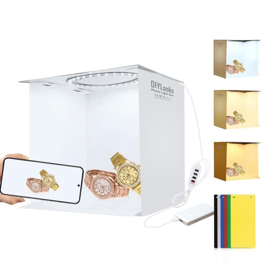 23cm Ring LED Panel Folding Portable Light Photo Lighting Studio Shooting Tent Box Kit with 6 Colors Backdrops (Black, White, Yellow, Red, Green, Blue), Unfold Size: 24cm x 23cm x 23cm