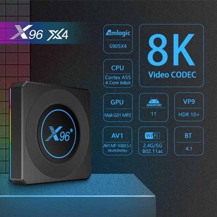 X96 X4 8K Smart TV BOX Android 11.0 Media Player with Remote Control, Amlogic S905X4 Quad Core ARM Cortex A55, RAM: 4GB, ROM: 32GB, Support 100M, Dual Band WiFi, Bluetooth, EU Plug, 4GB+32GB