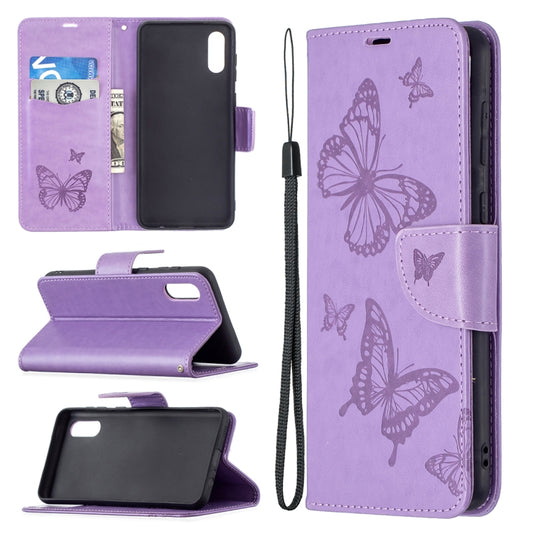 Embossing Two Butterflies Pattern Horizontal Flip PU Leather Case with Holder & Card Slot & Wallet & Lanyard, For Samsung Galaxy A02