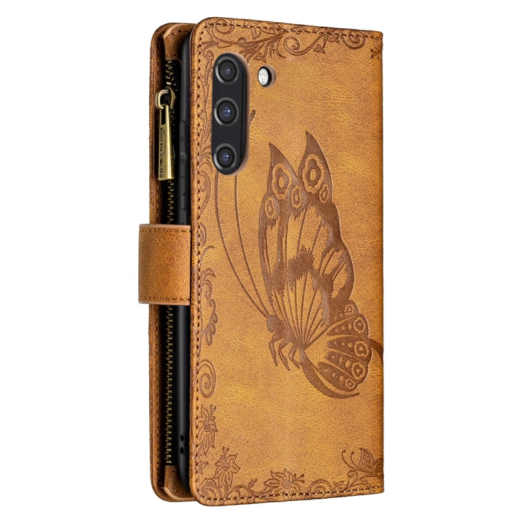 Flying Butterfly Embossing Pattern Zipper Horizontal Flip Leather Case with Holder & Card Slots & Wallet, For Samsung Galaxy S21 FE