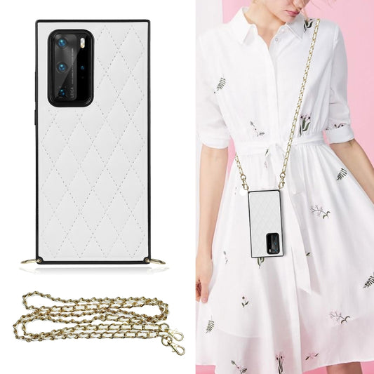 Elegant Rhombic Pattern Microfiber Leather +TPU Shockproof Case with Crossbody Strap Chain, For Huawei P40 Pro