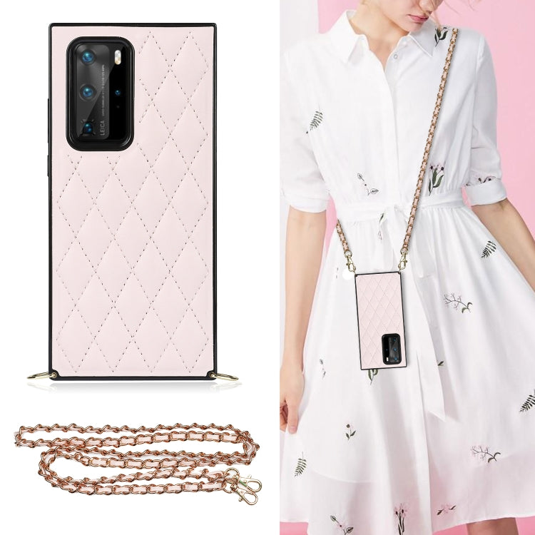 Elegant Rhombic Pattern Microfiber Leather +TPU Shockproof Case with Crossbody Strap Chain, For Huawei P40 Pro