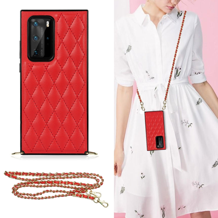 Elegant Rhombic Pattern Microfiber Leather +TPU Shockproof Case with Crossbody Strap Chain, For Huawei P40 Pro