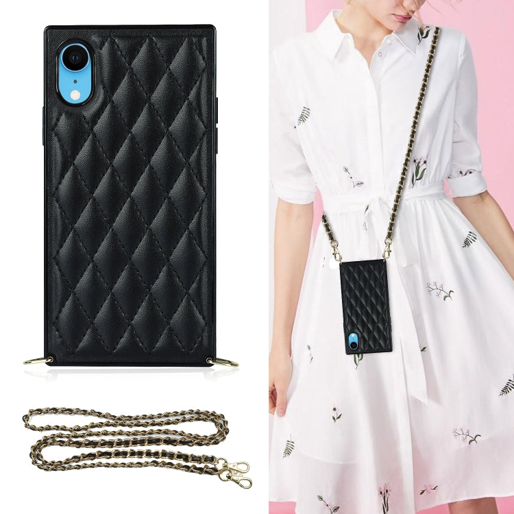 Elegant Rhombic Pattern Microfiber Leather +TPU Shockproof Case with Crossbody Strap Chain, For iPhone SE 2022 / SE 2020 / 8 / 7, For iPhone 8 Plus / 7 Plus, For iPhone X / XS, For iPhone XR, For iPhone XS Max, For iPhone 11, For iPhone 11 Pro         ...