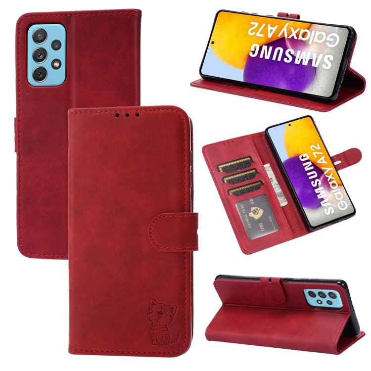 Embossed Happy Cat Pattern Horizontal Flip Leather Case with Holder & Card Slots & Wallet, For Samsung Galaxy S21 FE, For Samsung Galaxy A12, For Samsung Galaxy A22 4G, For Samsung Galaxy A22 5G EU Version, For Samsung Galaxy A32 4G                    ...