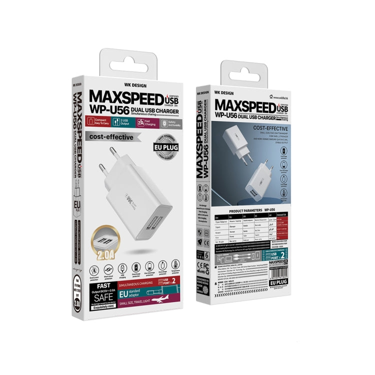 WK WP-U56 2A Dual USB Fast Charging Travel Charger Power Adapter,, UK Plug, EU Plug