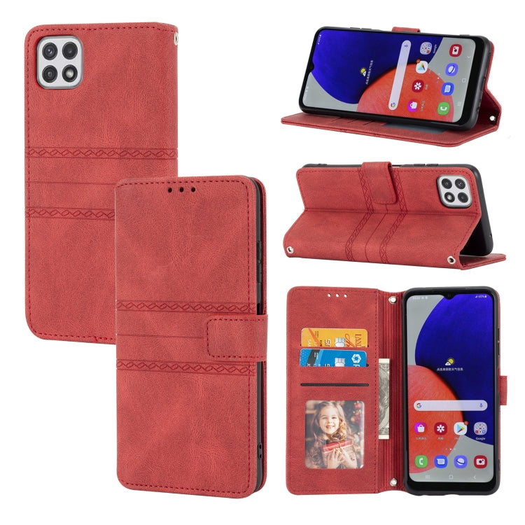 Embossed Striped Magnetic Buckle PU + TPU Horizontal Flip Leather Case with Holder & Card Slot & Wallet & Photo Frame & Sling, For Samsung Galaxy A71, For Samsung Galaxy A12 5G, For Samsung Galaxy A22 4G, For Samsung Galaxy A22 5G                      ...