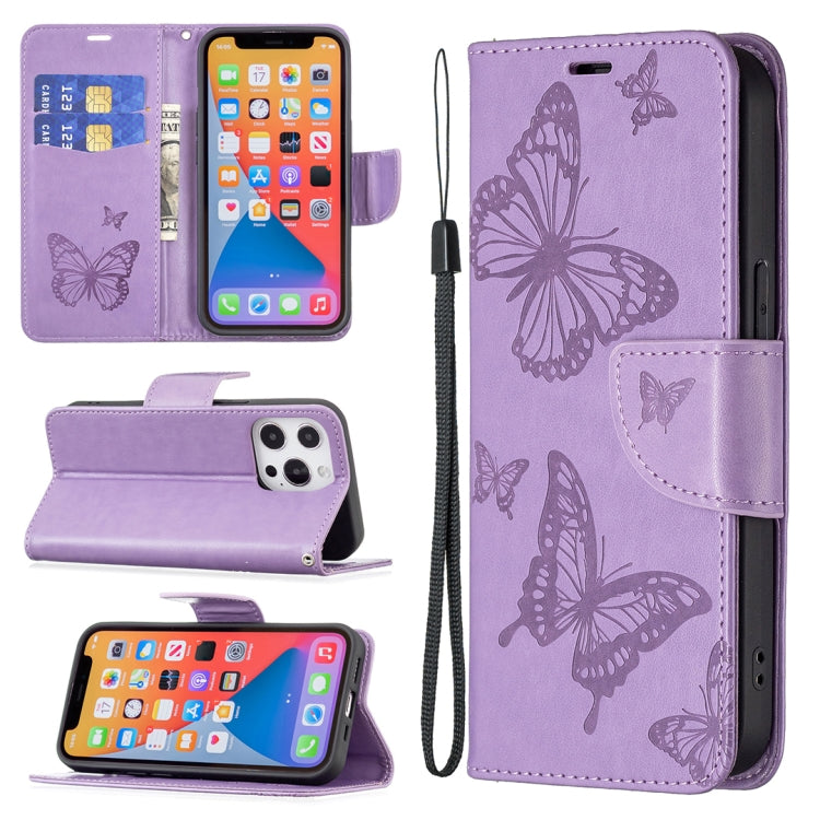 Embossing Two Butterflies Pattern Horizontal Flip PU Leather Case with Holder & Card Slot & Wallet & Lanyard, For iPhone 13 mini, For iPhone 13, For iPhone 13 Pro, For iPhone 13 Pro Max