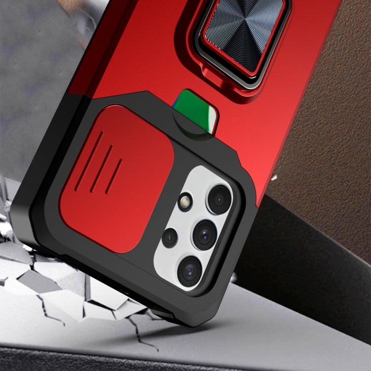 Sliding Camera Cover Design PC + TPU Shockproof Case with Ring Holder & Card Slot, For Samsung Galaxy A32 4G