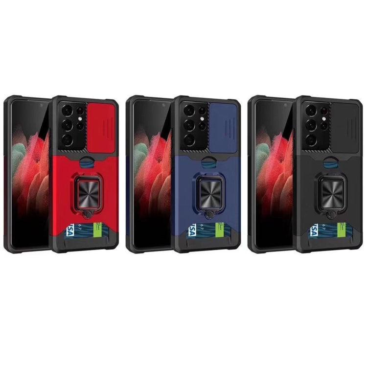 Sliding Camera Cover Design PC + TPU Shockproof Case with Ring Holder & Card Slot, For Samsung Galaxy S21 Ultra 5G