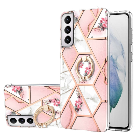Electroplating Splicing Marble Flower Pattern TPU Shockproof Case with Rhinestone Ring Holder, For Samsung Galaxy S21 5G, For Samsung Galaxy S21+ 5G, For Samsung Galaxy S21 Ultra 5G, For Samsung Galaxy S21 FE, For Samsung Galaxy S20