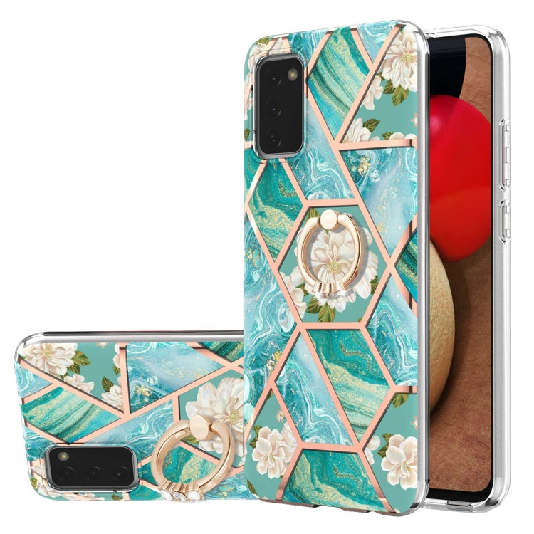 Electroplating Splicing Marble Flower Pattern TPU Shockproof Case with Rhinestone Ring Holder, For Samsung Galaxy A02s 164mm, For Samsung Galaxy A02S 166mm, For Samsung Galaxy A12 5G/F12/M12, For Samsung Galaxy A21s, For Samsung Galaxy A22 4G EU Versio...