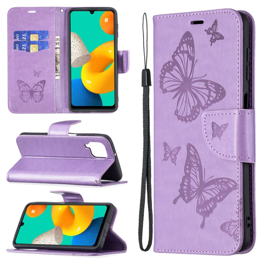 Embossing Two Butterflies Pattern Horizontal Flip PU Leather Case with Holder & Card Slot & Wallet & Lanyard, For Samsung Galaxy M32